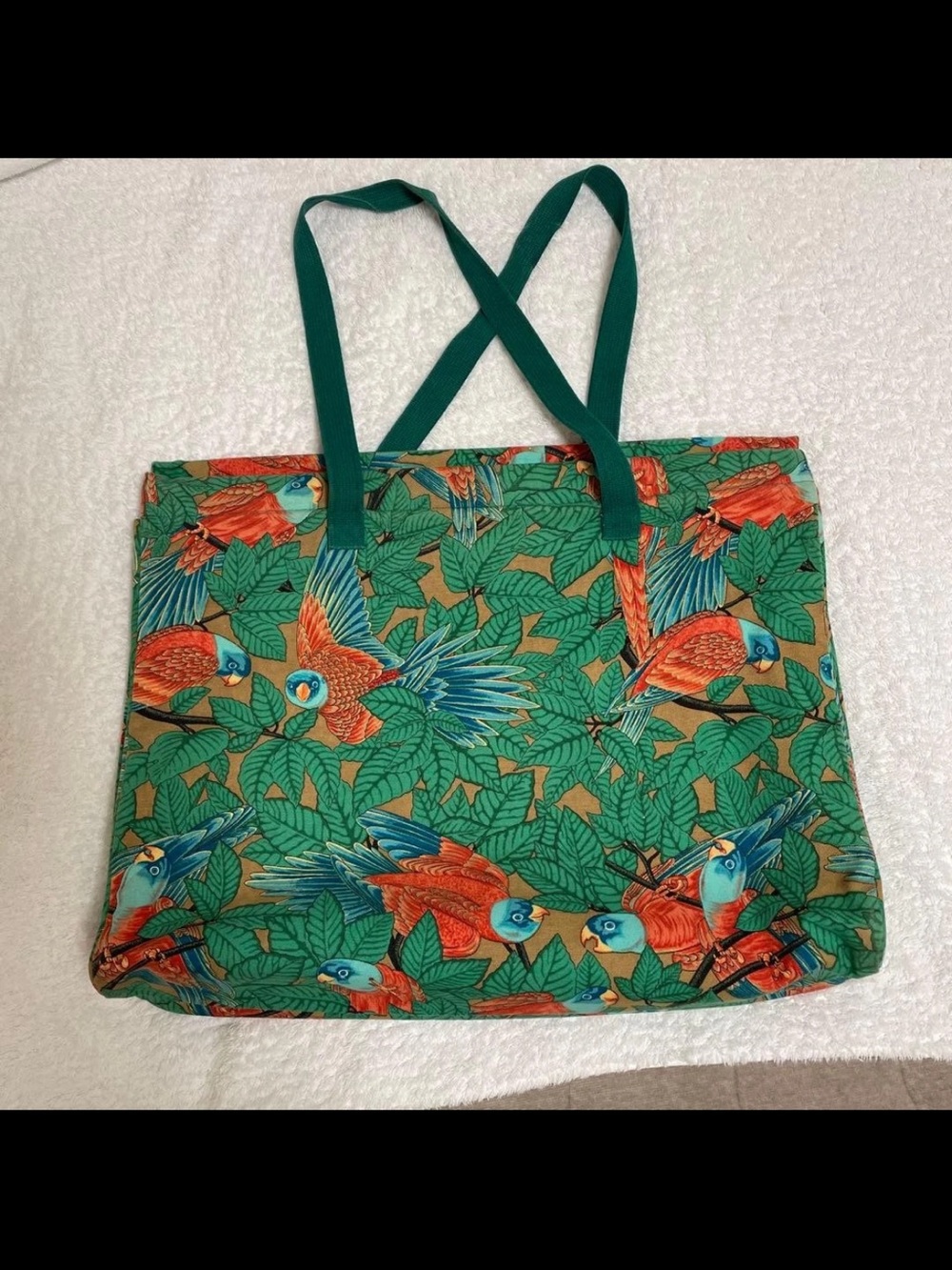 Hermes Green Canvas Tote with Orange & Blue Parrot Print